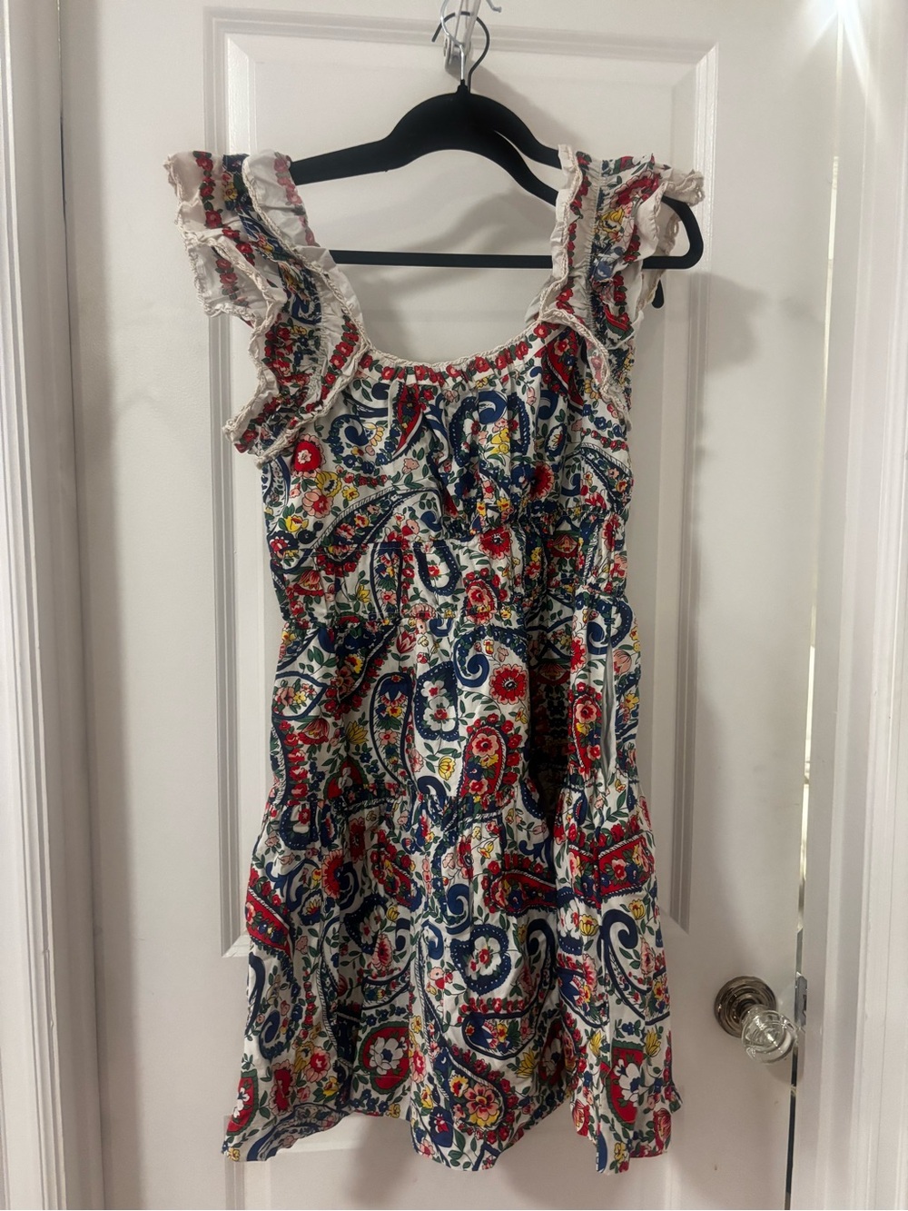 Floral Paisley Ruffle Sundress - White, Navy & Red